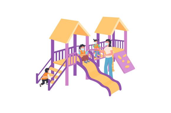 Children and Babysitter in Medical Mask Graphics